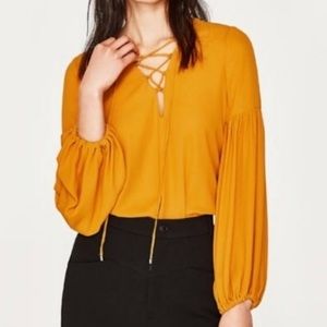 ZARA Mustard Yellow Ballon Sleeve Sheer Bodysuit With Front Tie Size Large